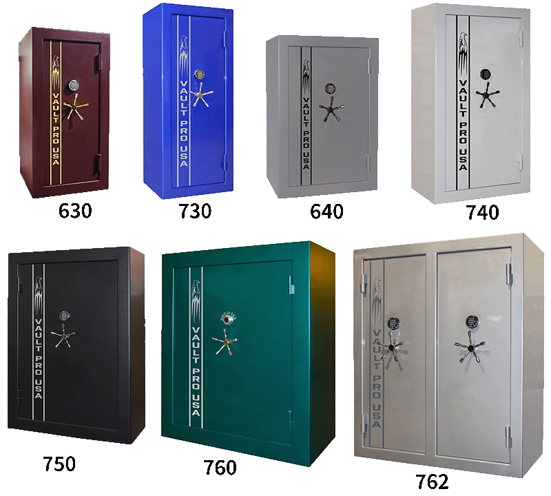 Seven steel safes in various colors, each with a different model number