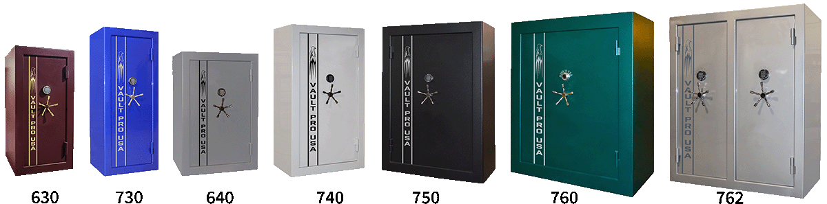 Seven steel safes in various colors, each with a different model number