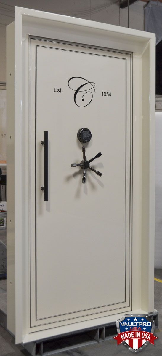 Image of Custom Elite model vault door in gloss Wimbledon white finish. Vault Doors made in America by Vault Pro USA.