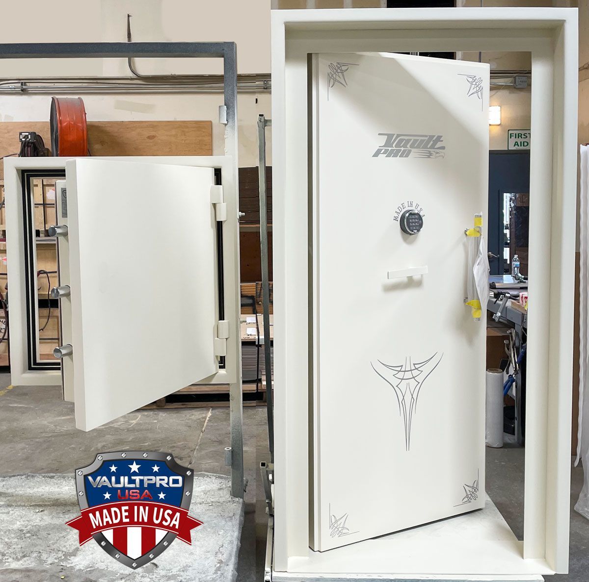 Image of 80x40 Elite model vault door with 36x36 inch Elite model floor hatch (on vertical test stand)