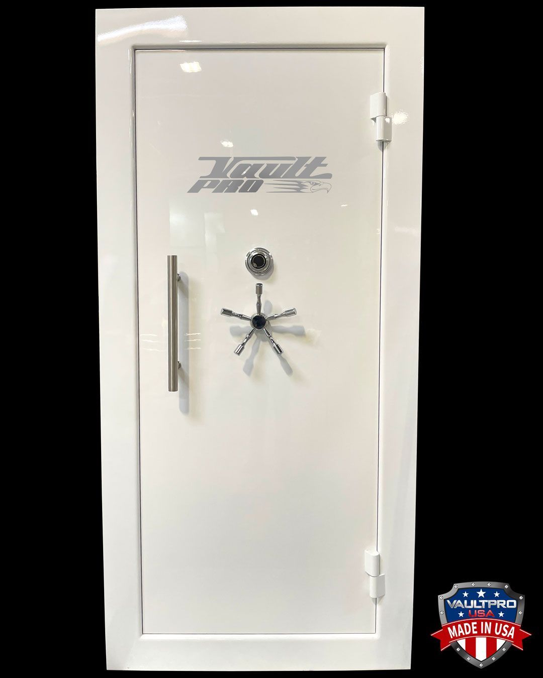 Elite outswing model vault door in premium dual stage Diamond White gloss finish, and optional pull handle.