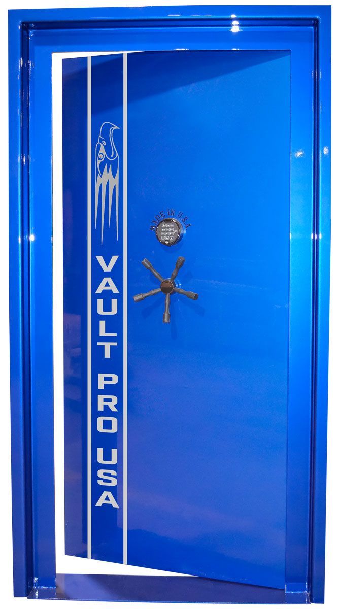 Executive In-swinging vault door in custom Electric blue finish. Extra deep frame to accommodate customer wall thickness.