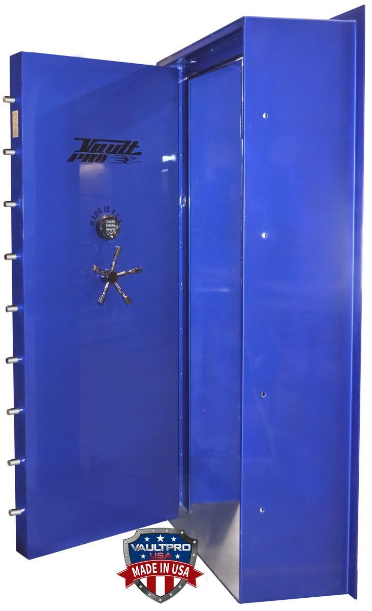 Executive In-swinging vault door in custom Electric blue finish. Extra deep frame to accommodate customer wall thickness.