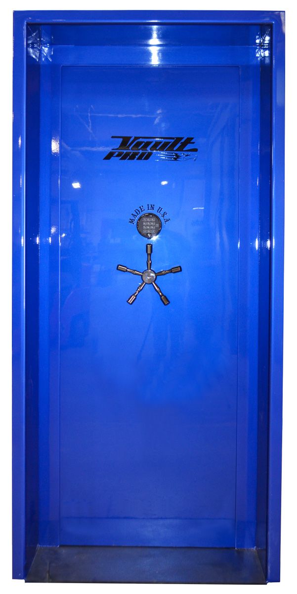 Inswing vault door prevents debris from blocking door during storm or strong wind event. Shown here in premium dual stage Electric blue gloss finish.