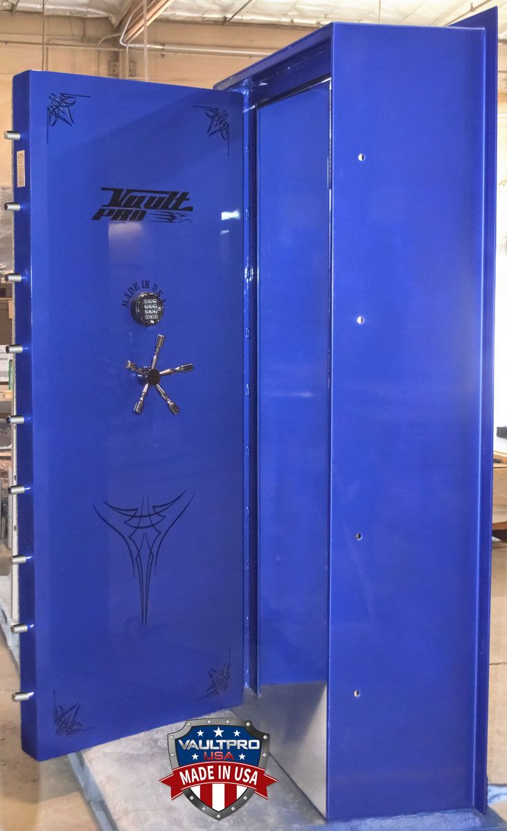 Executive In-swinging vault door in custom Electric blue finish. Extra deep frame to accommodate customer wall thickness.