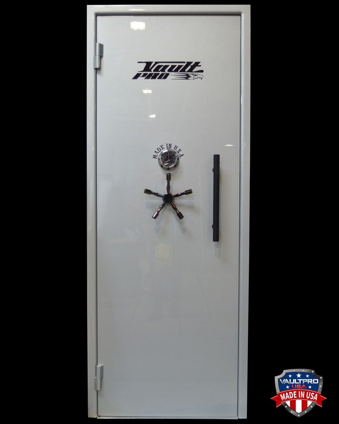 Executive outswing model vault door in premium dual stage Silver Metallic gloss finish. Shown with optional pull handle.