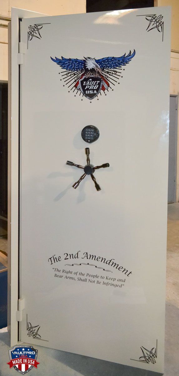 Vault door in gloss white with custom 2nd Amendment and Eagle logo.