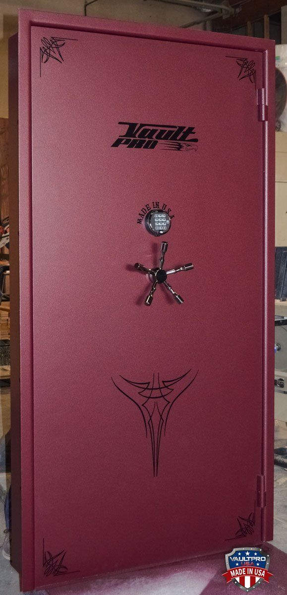 American made vault door in standard Burgundy finish with black pinstripe and matching hardware.