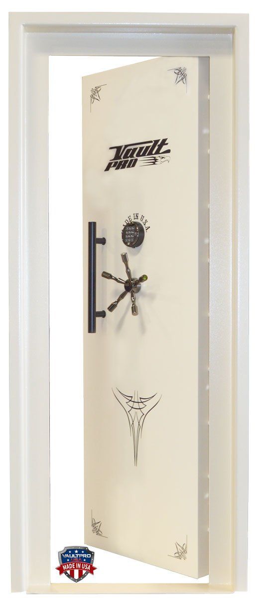 In-swinging vault door protects from door blockage due to debris.