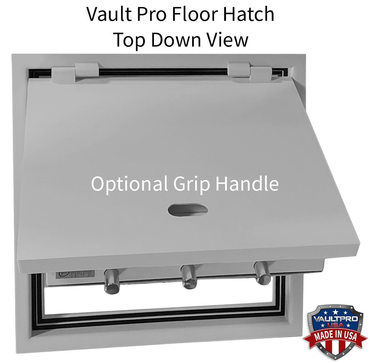 Image of Floor Hatch with optional grip handle. Top Down View showing locking bolts, Palusol sealing gaskets and hinges.