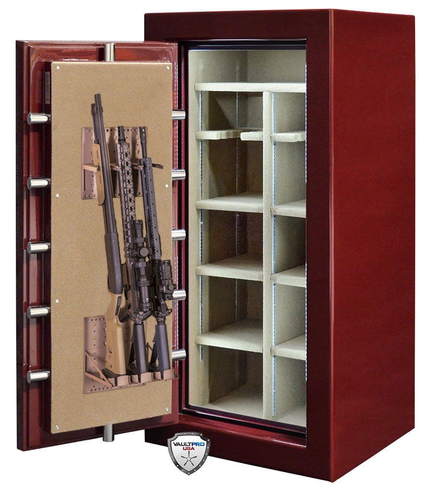 Tactical weapons storage rack mounted on safe door.