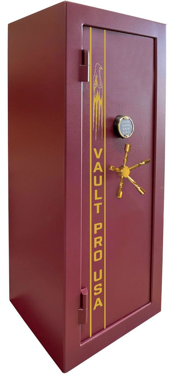 Image of small long gun safe, model C-625 in Burgundy finish with gold pinstripe and matching hardware. Made in USA by Vault Pro