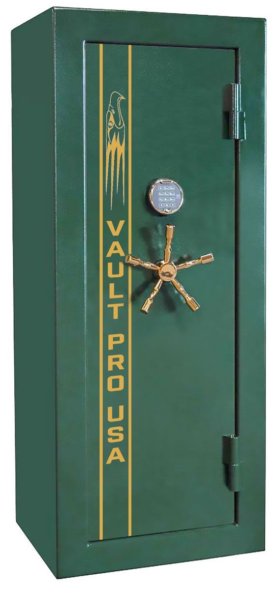 Green gun safe with open door, gray interior shelves, and “VaultPro Made in USA” logo.