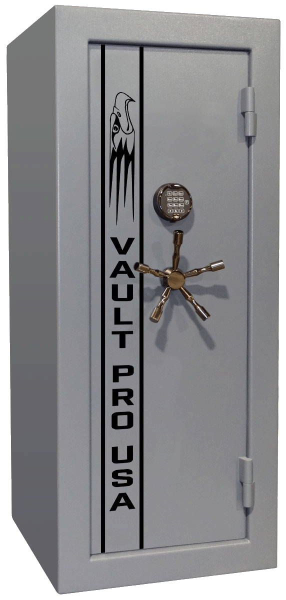 Image of big guns safe, SE-760 model from Vault Pro USA in matte green finish with silver pinstripe and matching hardware.