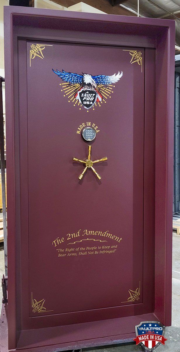 Inswing vault door in Burgundy with American eagle and 2nd Amendment text
