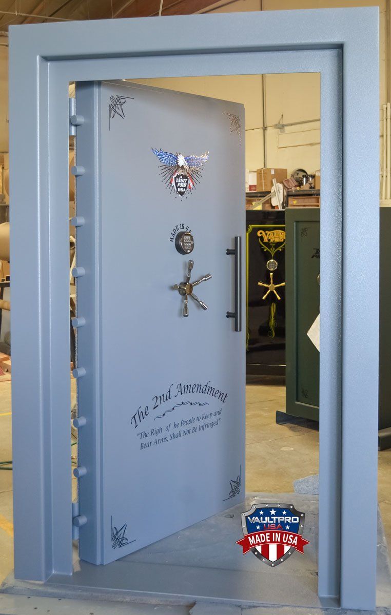 In-swinging Elite vault door with custom 2nd Amendment art, eagle logo, optional pull handle and wide flange door frame.