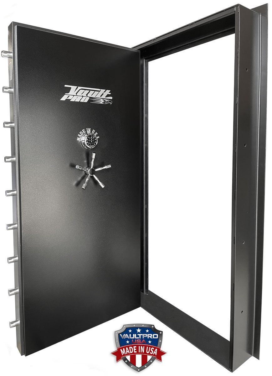 Elite model inswing vault door in black finish. Shown with SafeLogic Xtreme - EMP-Proof Redundant Electromechanical Lock. Vault Doors made in USA by Vault Pro.