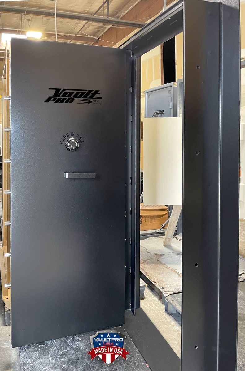 Professional Series Vault Door with 14 Bolt Locking System. Pictured here in Black with optional (no charge) low profile handle.