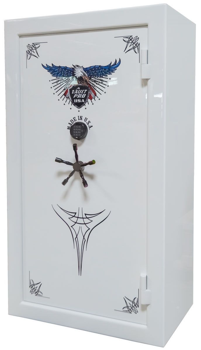 Image of Golden Eagle GE-740 model gun safe in optional premium dual stage Diamond White gloss finish. Made by Vault Pro USA