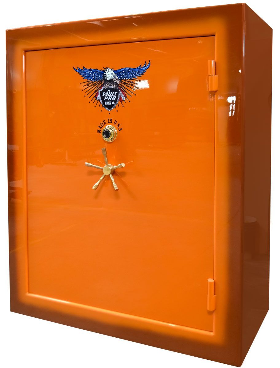 Large gun safe shown in optional premium dual stage gloss finish - Brownish Orange Metallic to Fusion Orange Metallic.