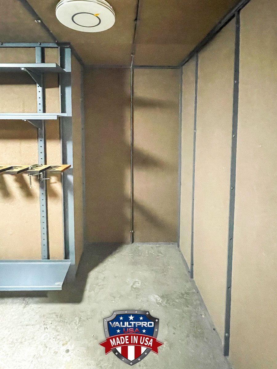 Modular walk-in vault room with customized offset space for equipment and additional storage.