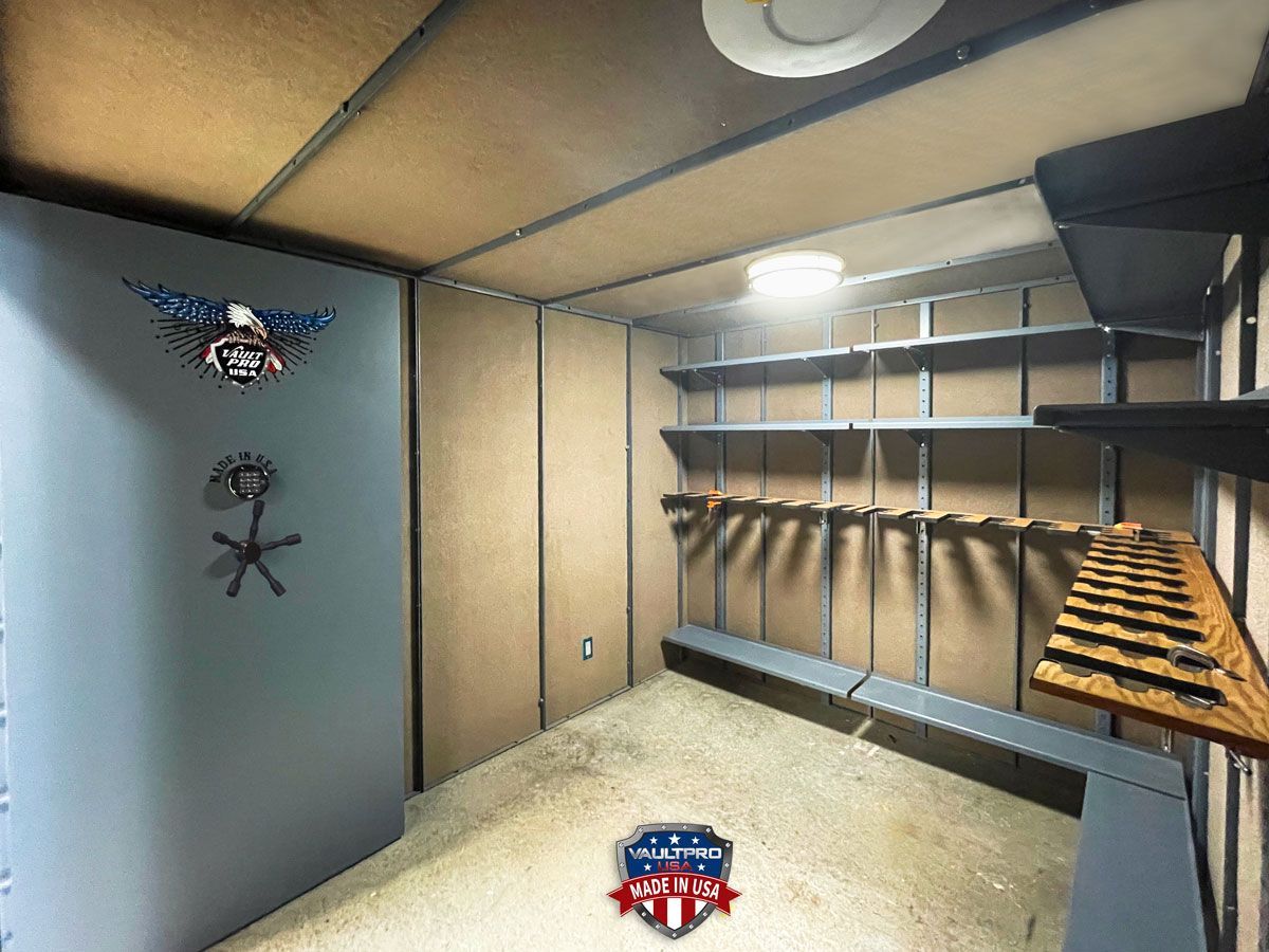 walk-in vault interior with gun racks, heavy duty steel shelves, full lighting and electrical.