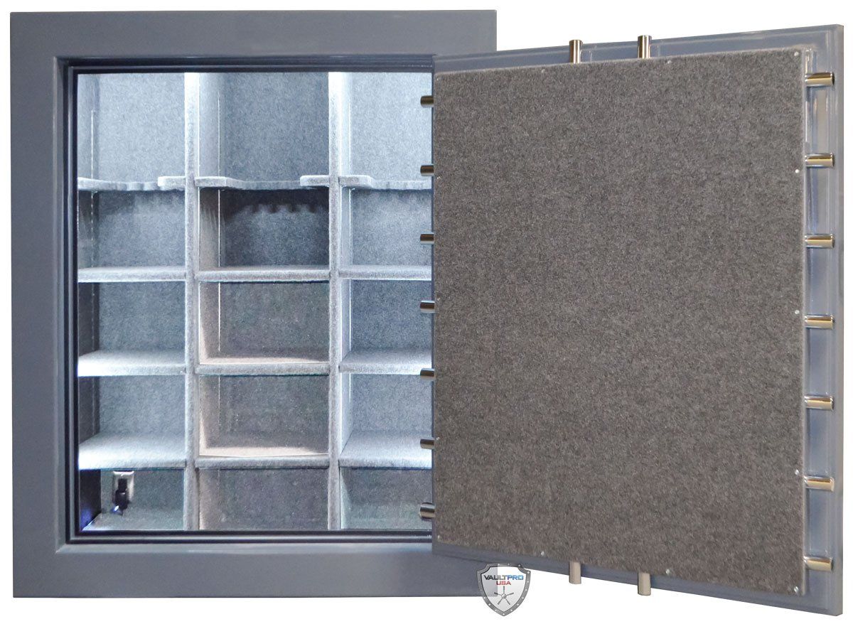 Gun safe interior with gun racks and gun storage.