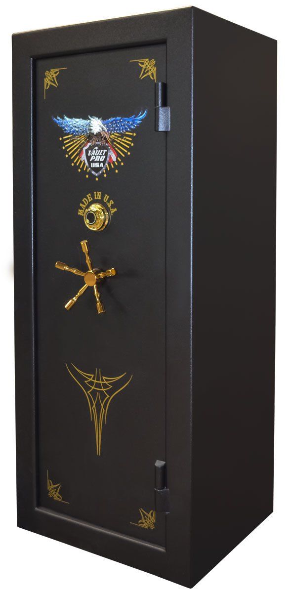 Golden Eagle GE-730 model safe in black with gold pinstripe and hardware.
