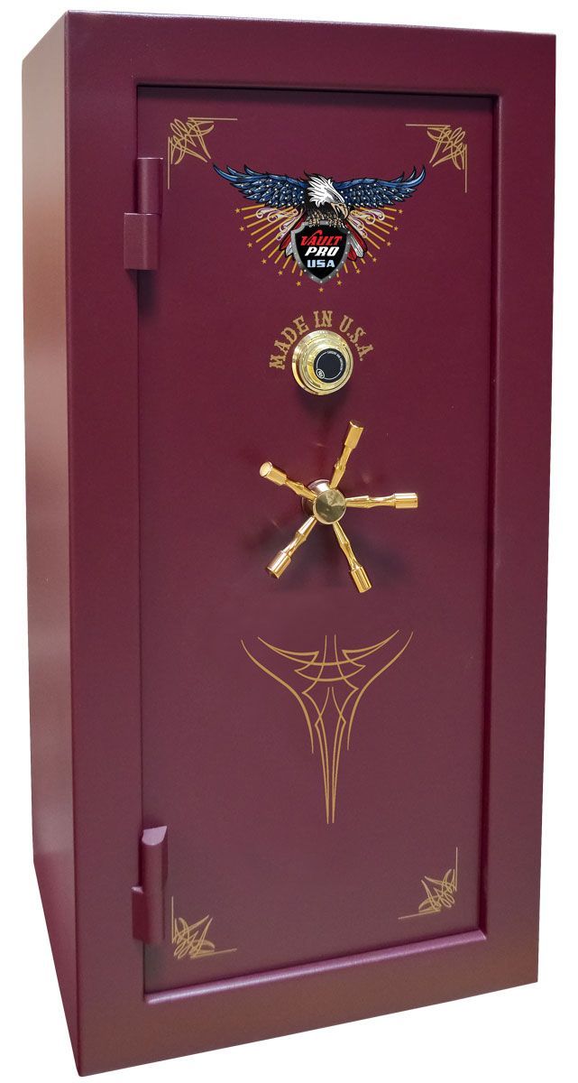 Image of small to medium capacity gun safe with burgundy finish. Made by Vault Pro USA
