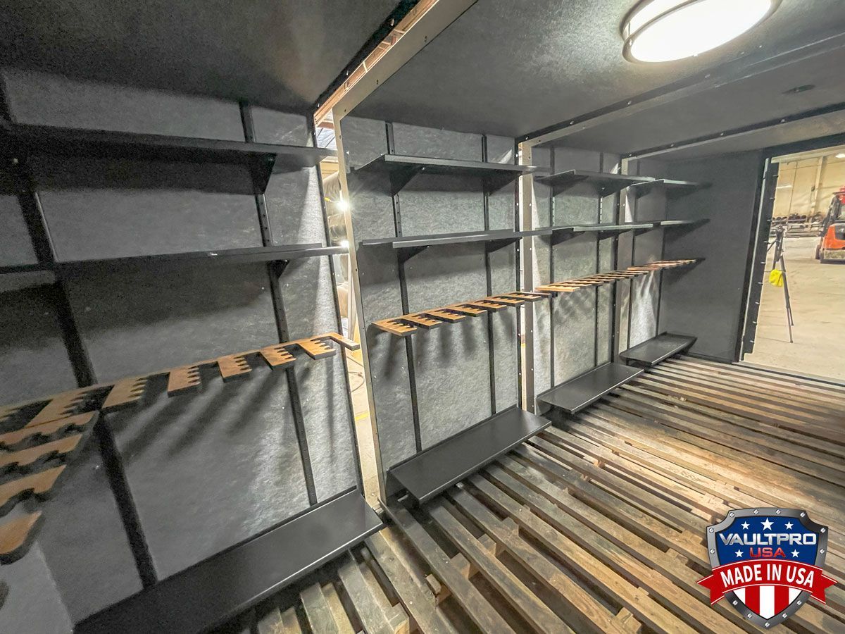 Modular Walk-in vault room with long gun racks and heavy duty adjustable shelving.