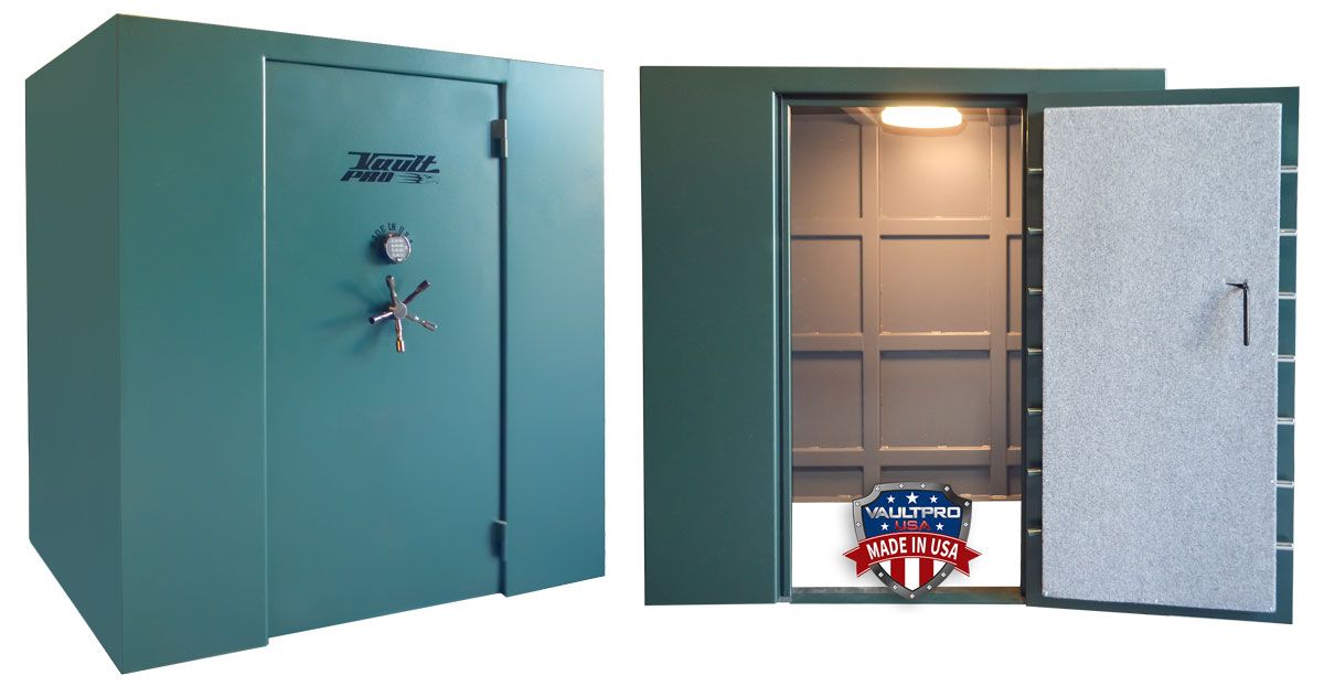 Modular walk-in vault and shelter with high security vault door. Made by Vault Pro USA.