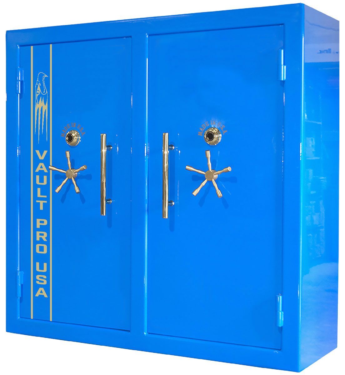 Monster Double Door gun Safe in optional custom Chevrolet Blue Gloss finish.