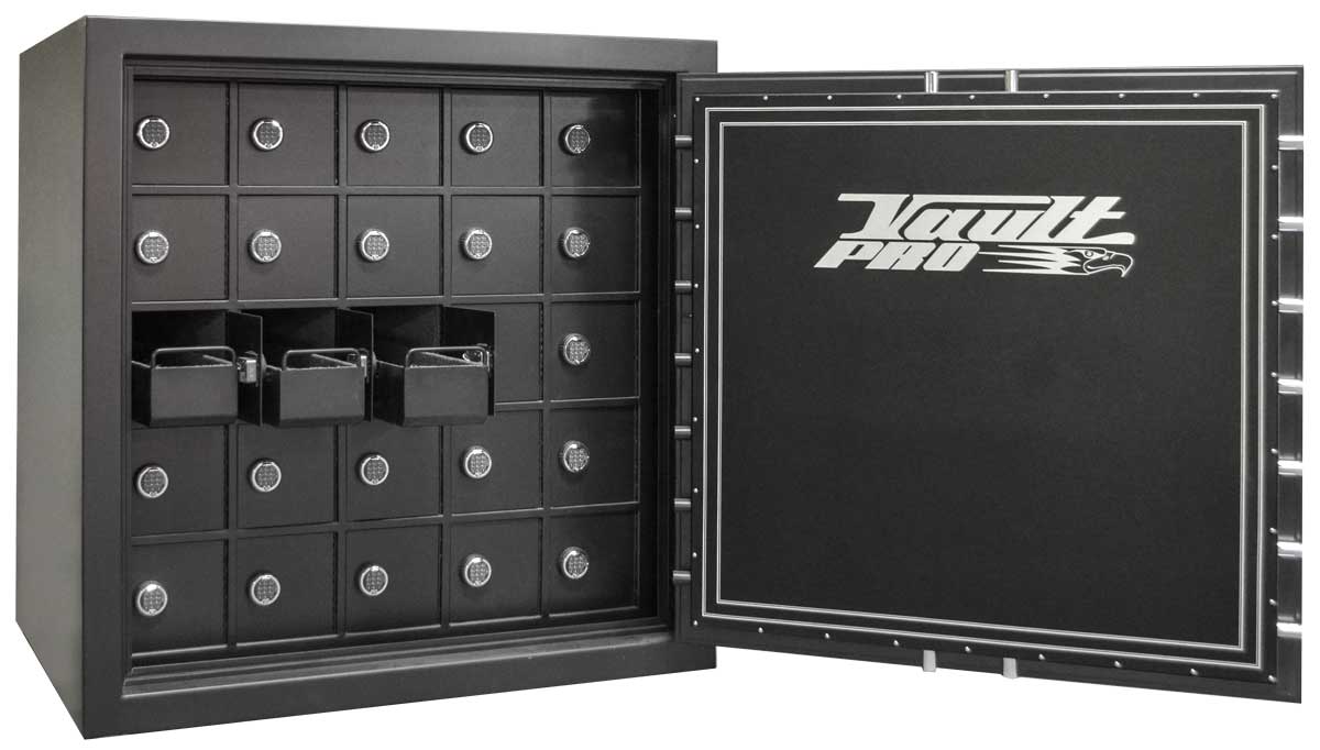 Custom multi-compartment safe with individual locking slide out compartments. Each accessed by a digital lock.