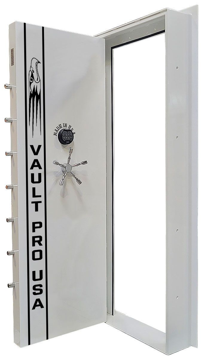 Vault door with in-swing option for storm shelters prevents blockage from debris