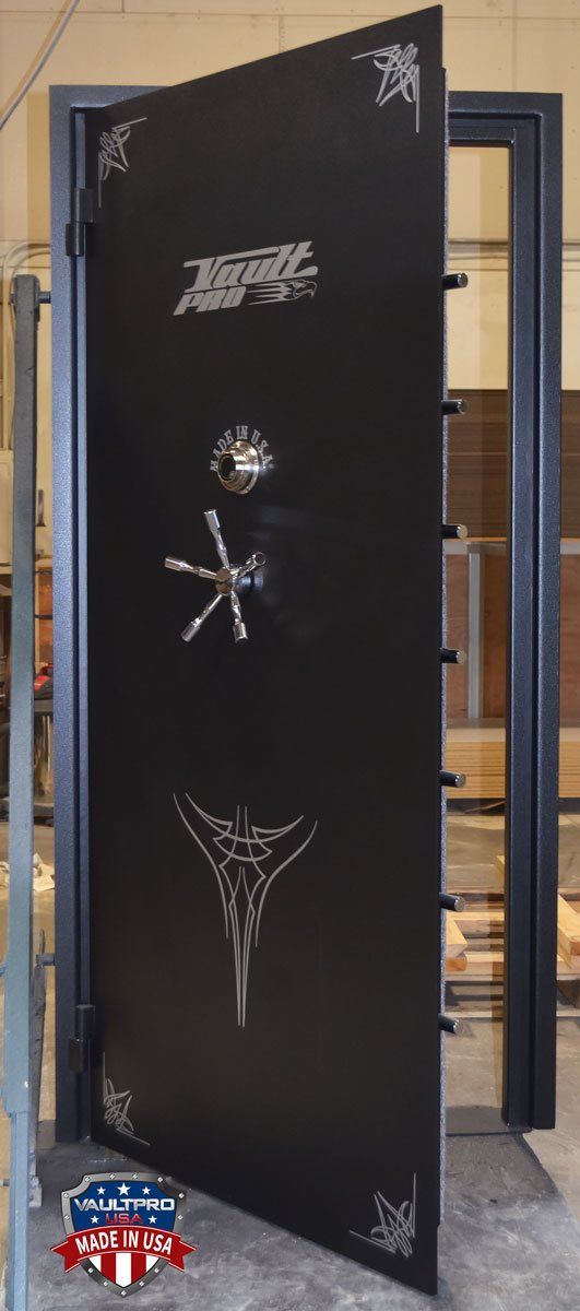 A black door with a star on it is open.