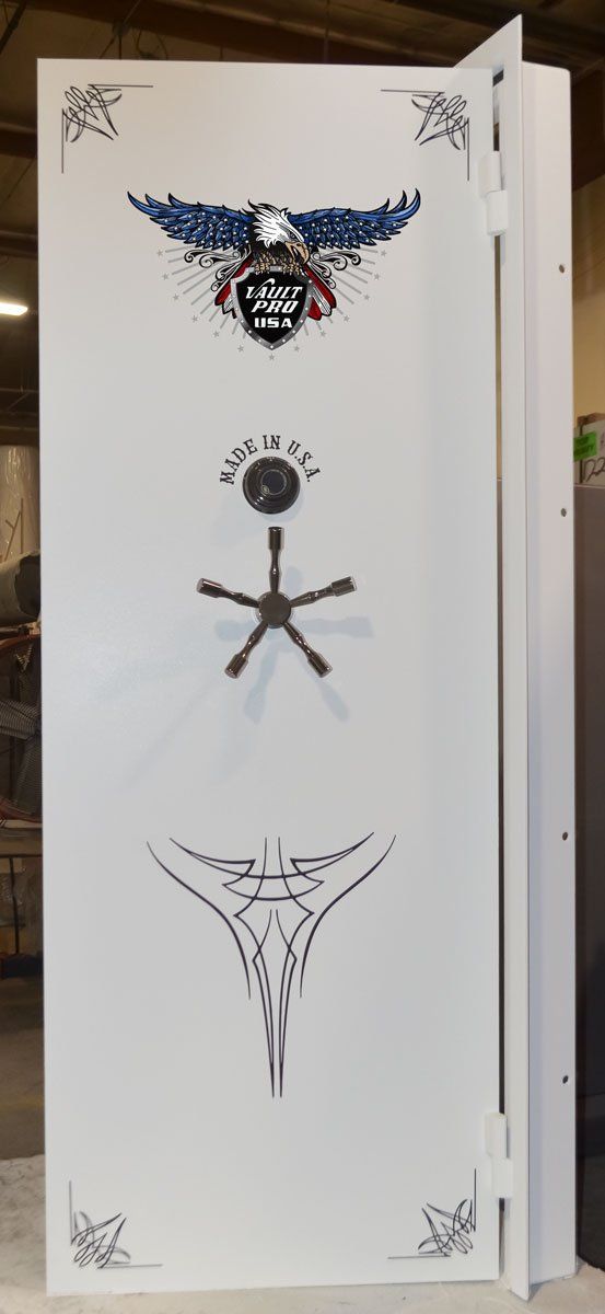 Professional Series vault door in true white finish with black pinstripe and black chrome hardware.