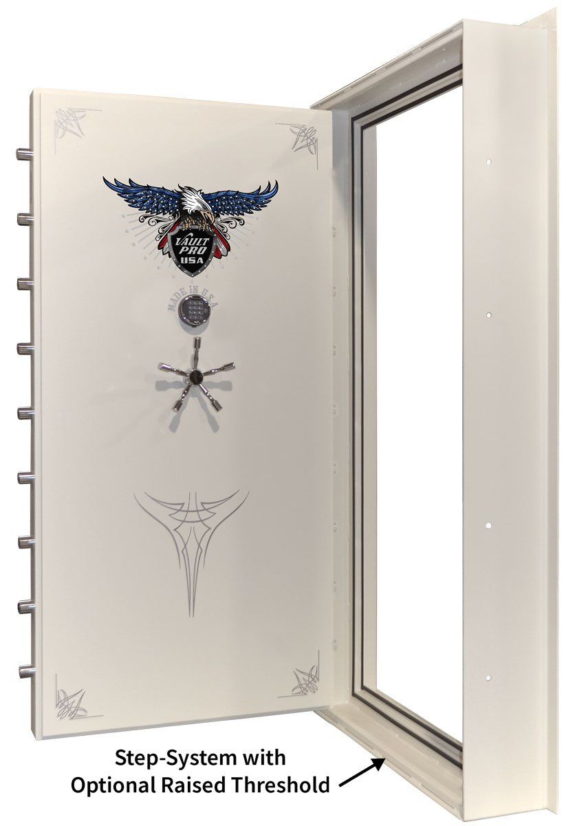 Raised Threshold option to allow proper opening of vault door on raised surface, such as, carpet or wood planking.