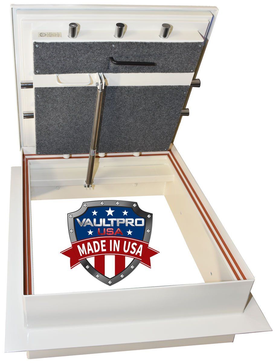 Emergency Roof Hatch in open position showing American made, heavy-duty stainless steel gas shock.