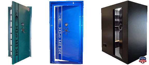 Three open vault doors: green, blue, and black, with visible mechanisms and handles.