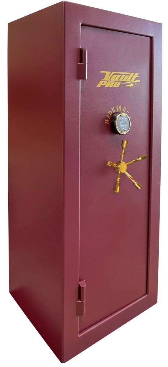 Image of small long gun safe, model C-625 in Burgundy finish with gold pinstripe and matching hardware. Made in USA by Vault Pro