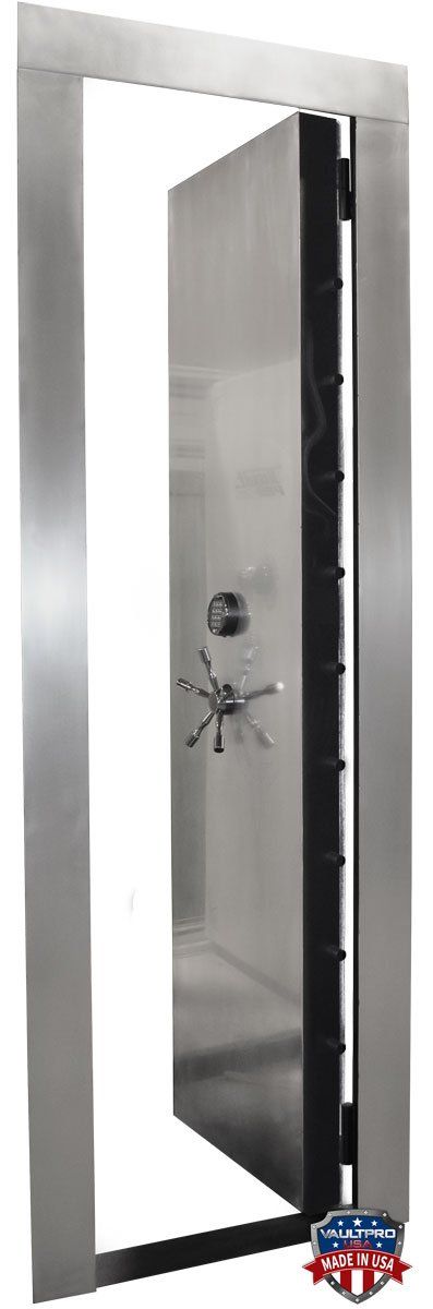 100% American Made Solid Stainless Steel Vault Door with Custom Stainless Steel dual cam system keeps the locking bolts perfectly aligned.