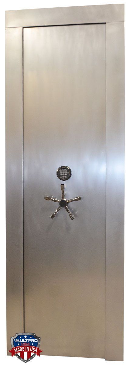 Tall custom stainless steel vault door made in USA by Vault Pro.