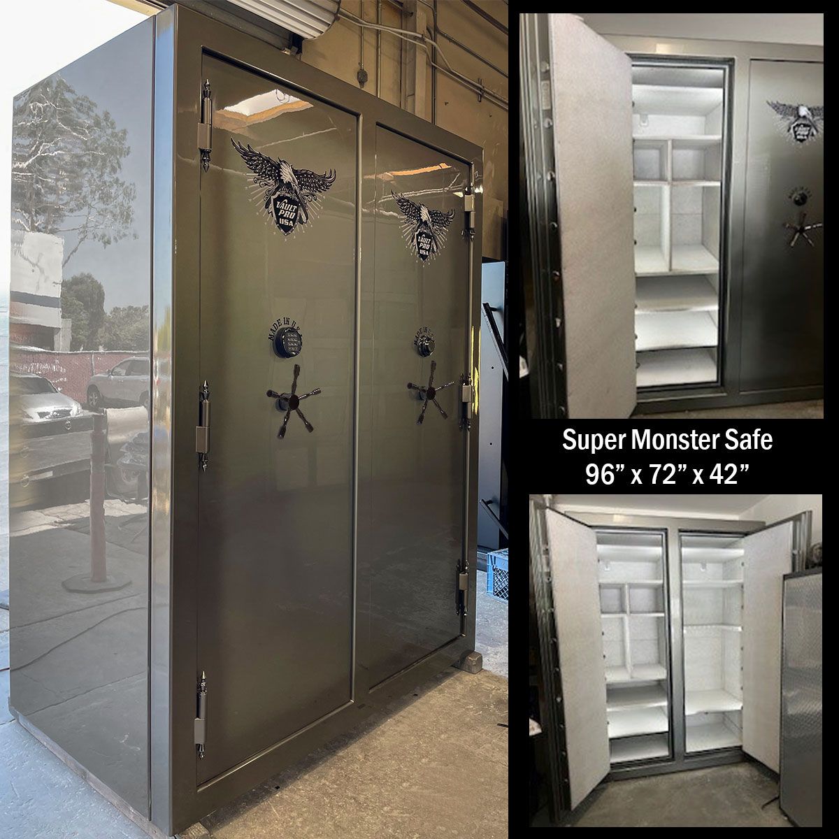 Custom very large American made safe with interior lighting, electrical and finished in Anthracite metallic to silver custom gloss finish. Made by Vault Pro USA