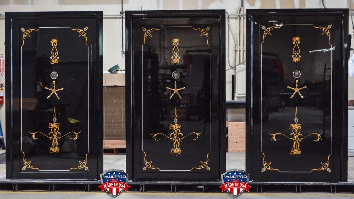 Three Titan vault doors finished in premium dual stage gloss black. Overlaid with custom hand painted pinstriping.