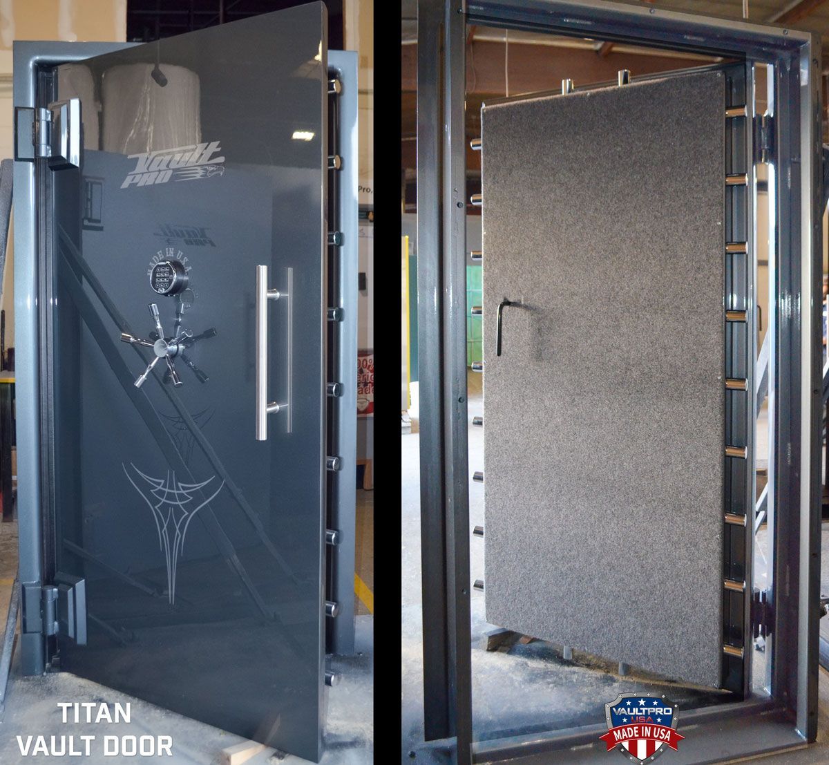 Image of Titan very heavy duty vault door showing exterior and interior. Finished in gloss anthracite gray