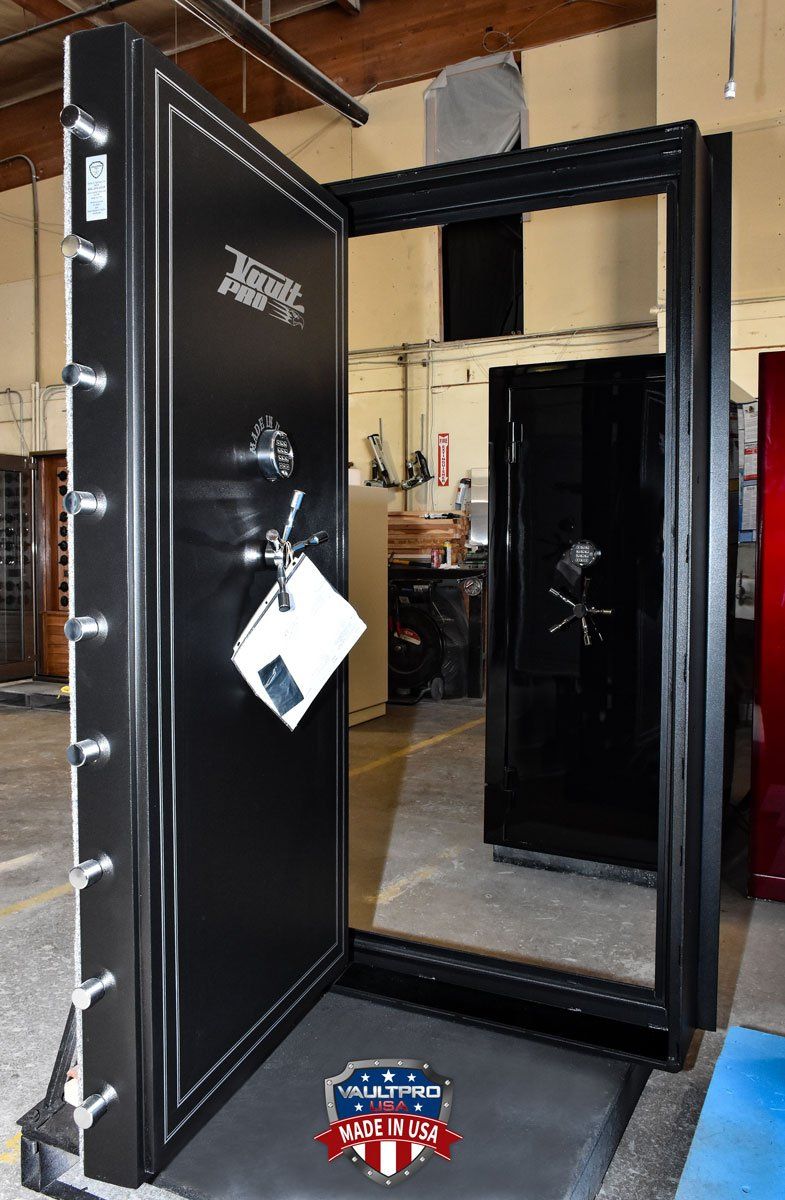 Vault door on test stand ready for final inspection and shipping made in USA