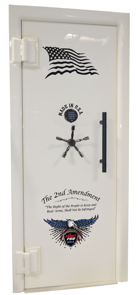 Image of custom Titan ballistic resistant vault door in gloss white finish with American flag, 2nd Amendment art and optional pull handle. Made in USA by Vault Pro USA