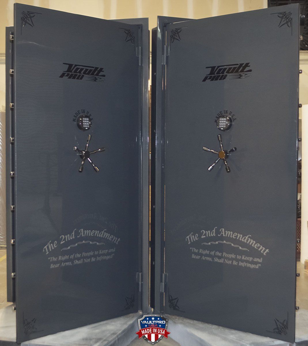 Twin Executive vault doors in gray gloss finish. One door is left hing out-swing, the other right hinge. Both feature the 2nd Amendment.