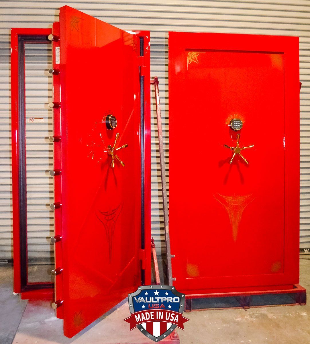 Custom in-swinging and out-swinging vault doors with gloss orange red finish made by Vault Pro USA