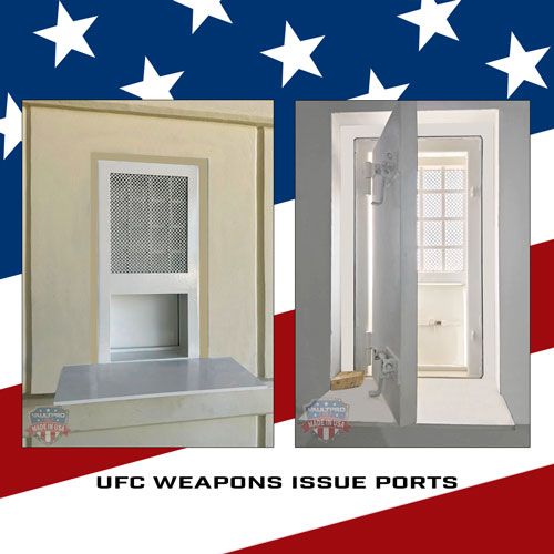 Two white UFC weapons issue ports, one closed, one open, against an American flag background.